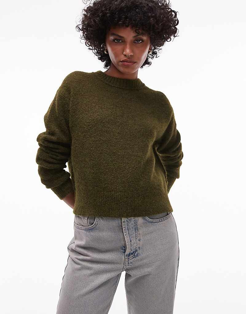 

Свитер цвета хаки вязки реглан с круглым вырезом Topshop и открытыми швами