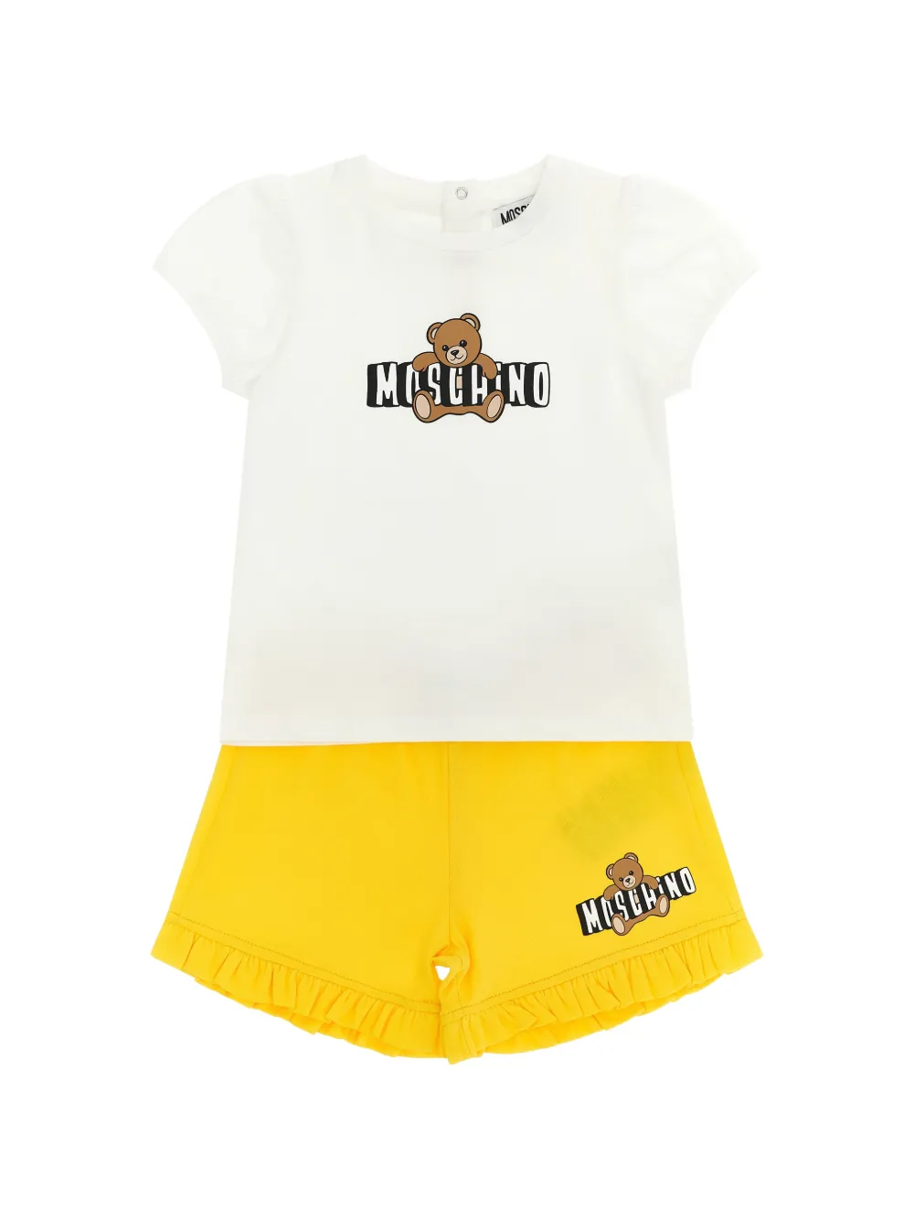 

Футболка и шорты с оборками и принтом медвежонка Moschino Kids, желтый