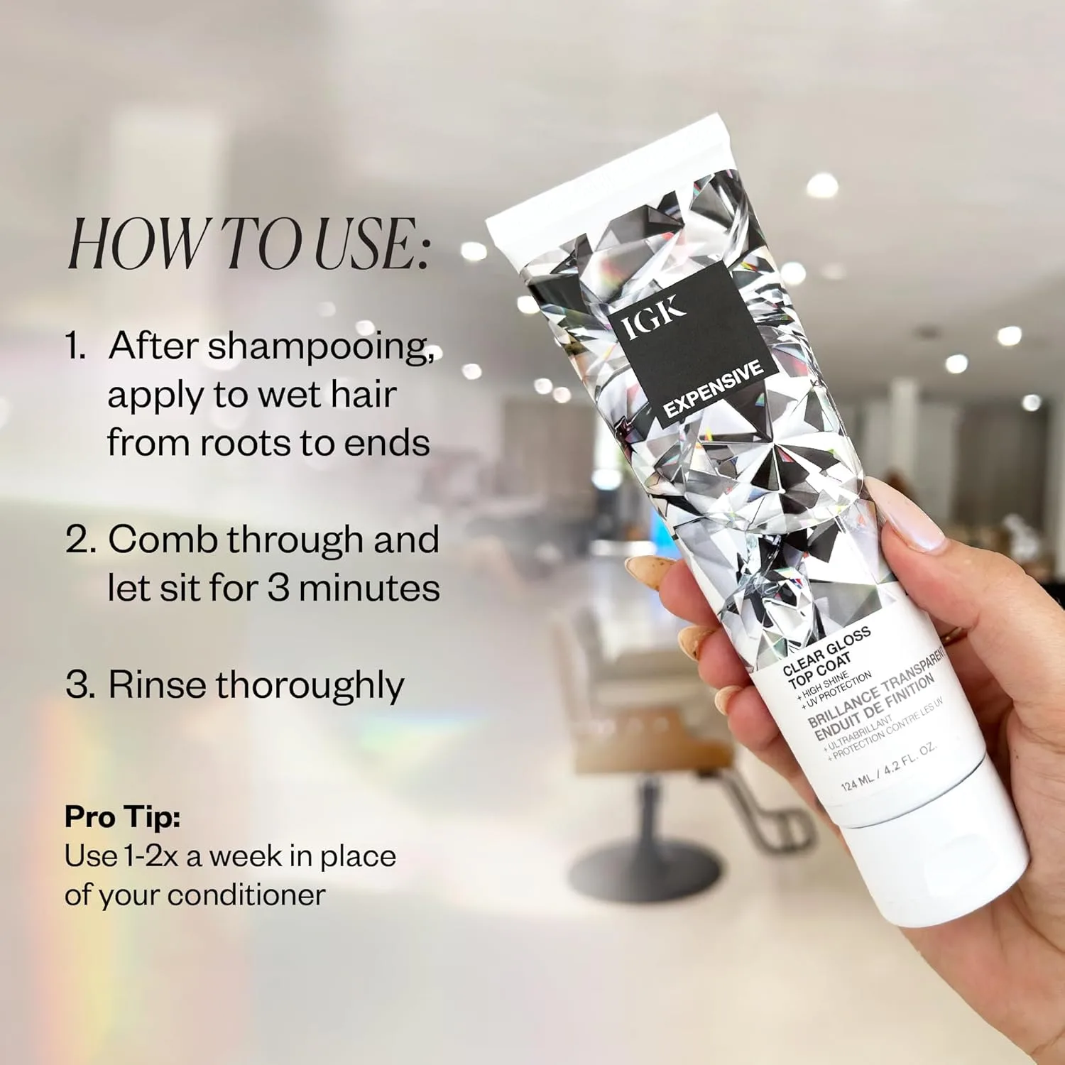 IGK EXPENSIVE Clear Gloss Top Coat | Высокоглянцевое средство для придания волосам мягкости и гладкости | Восстанавливает цвет окрашенных волос и помогает контролировать пушистость | 113 г 124 мл (1 шт.) — фото 4