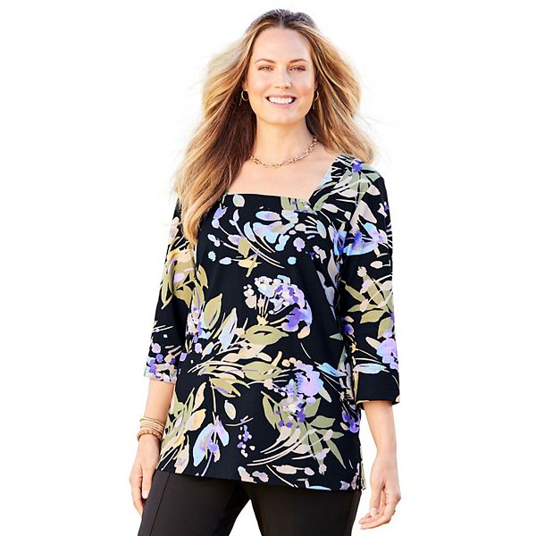 

Женская футболка с квадратным вырезом, plus size petite, ultra-soft Catherines, Black Watercolor