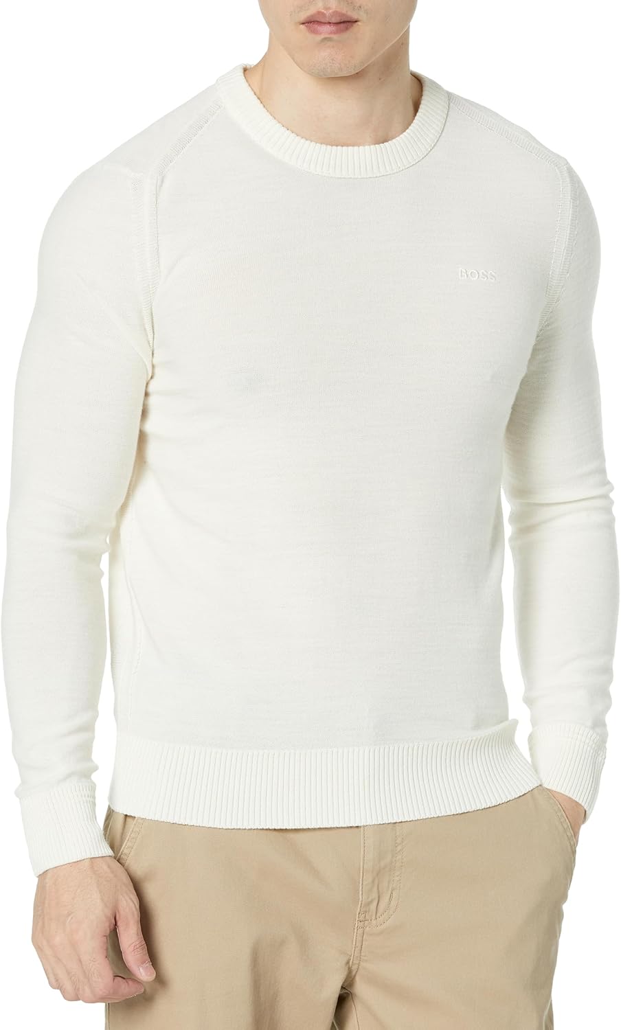 

BOSS свитер мужской с вышивкой из шерстяной смеси в технике обратного вязания, Almond Milk White
