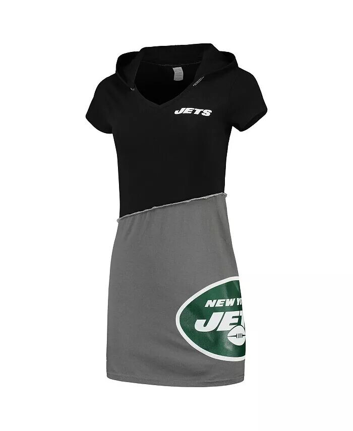 

Женское черное, серое мини-платье New York Jets с капюшоном Refried Apparel