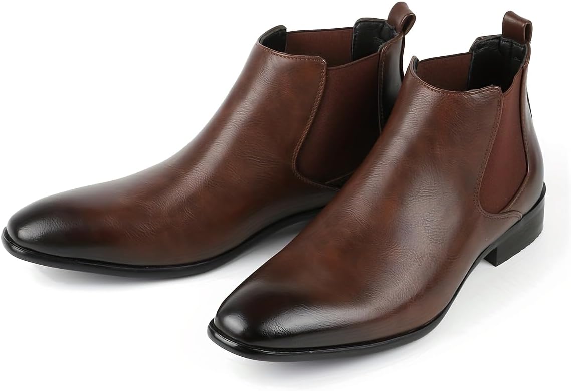 

Мужские классические кожаные туфли UZUJBAA с заостренным носком, модель Chelsea, с модной эластичной массивной колодкой, средней высоты голенища, на высоком каблуке, на ноге без шнуровки, бордовый