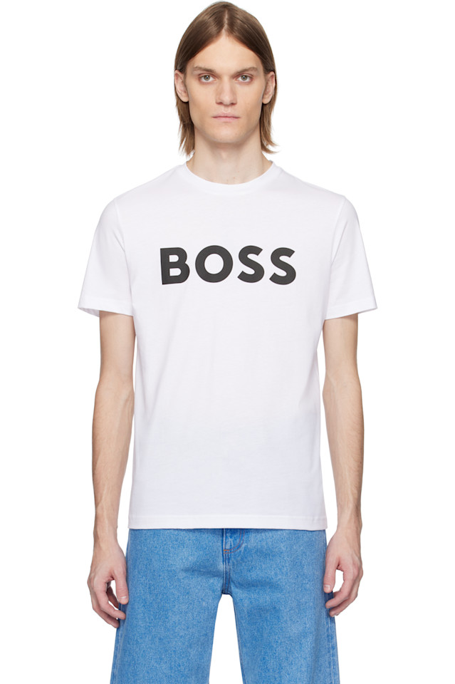 

Футболка с принтом изогнутого логотипа Boss, белый