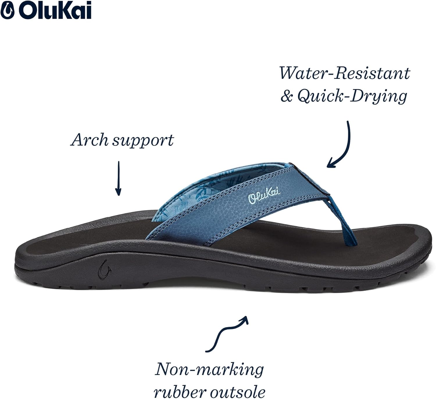 Мужские пляжные сандалии OLUKAI Ohana, водонепроницаемые шлепанцы, поддержка свода стопы и комфортная посадка, легкие и прочные, улучшенное сцепление и устойчивость, черный/синий — фото 4