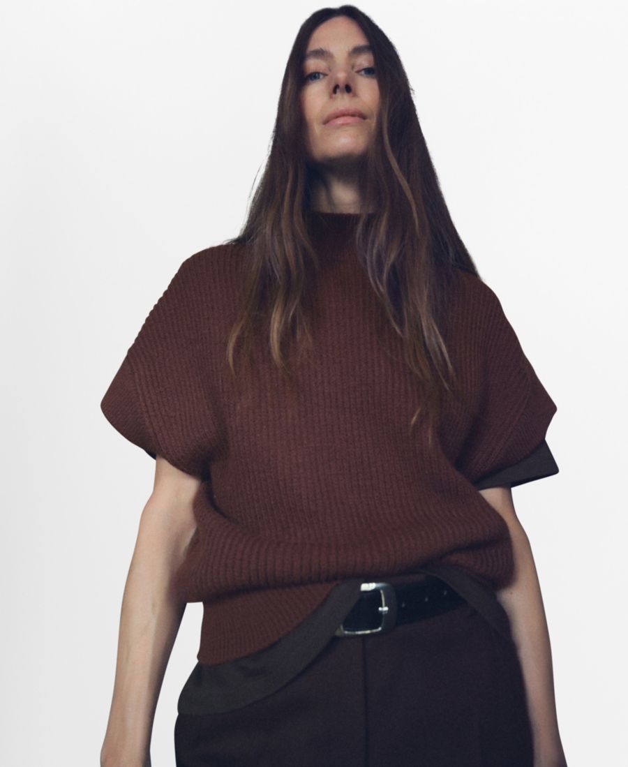 

Женский свитер с короткими рукавами и воротником-стойкой Perkins MANGO, Brown