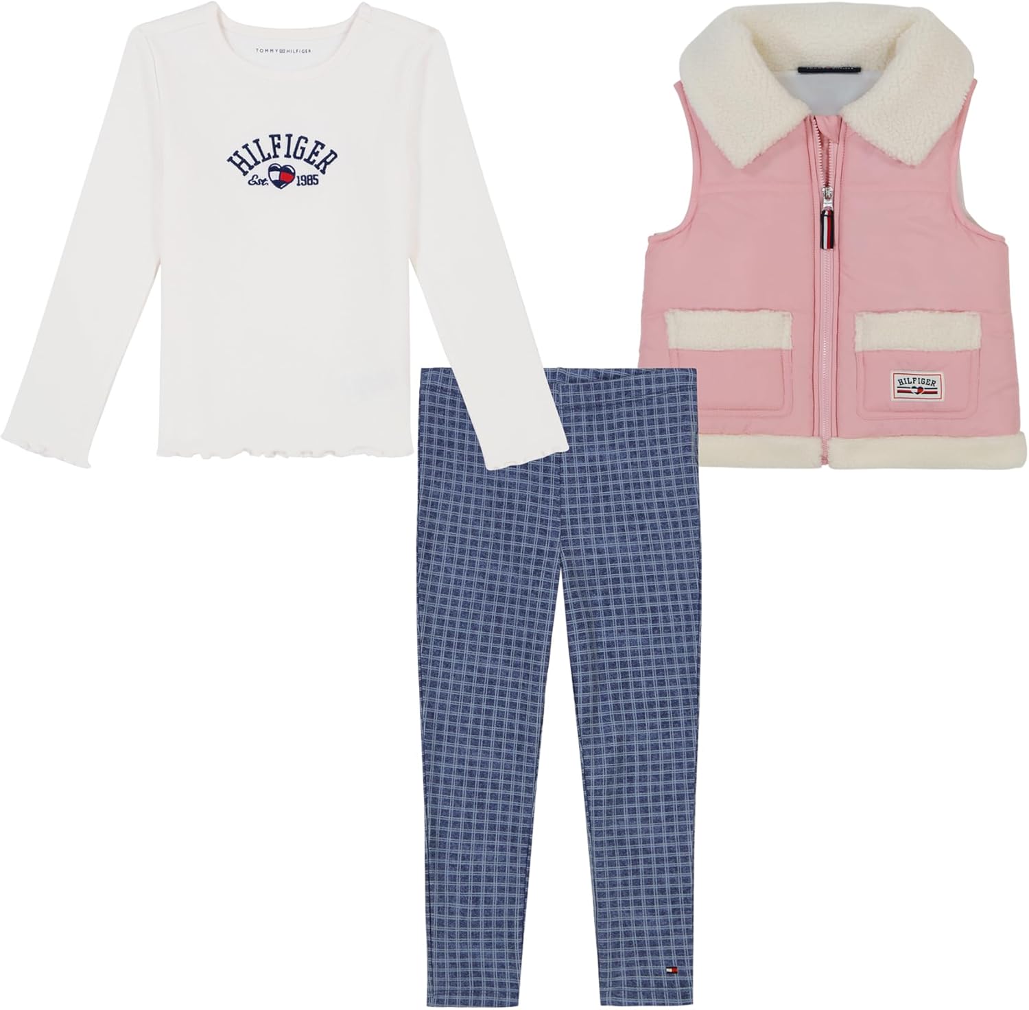 

Комплект из 3 предметов: жилет-брюки Tommy Hilfiger для девочек, Cinder Rose/Egret/Medium Wash