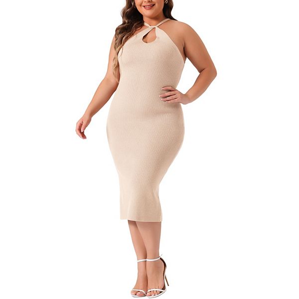 

Женское платье-свитер plus size с перекрученным передом и топом на шее, рифленое, без рукавов, приталенное, миди Agnes Orinda, Light Pink