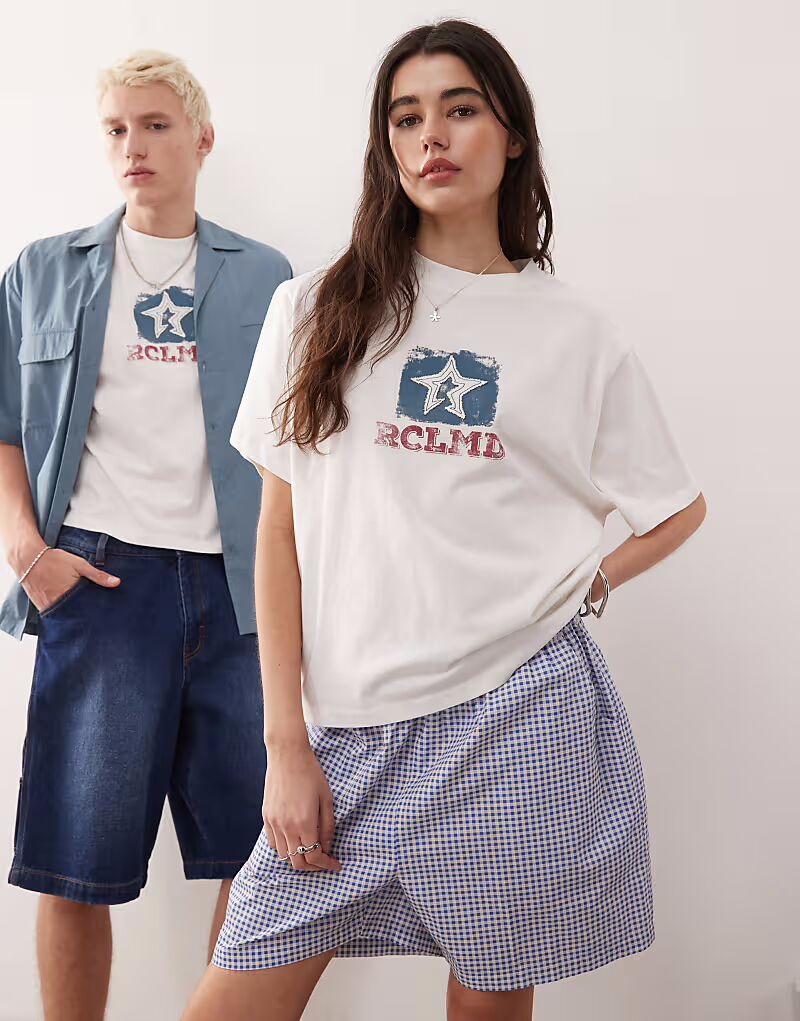 

Футболка свободного кроя унисекс Reclaimed Vintage с аппликацией в виде звезды кремового цвета