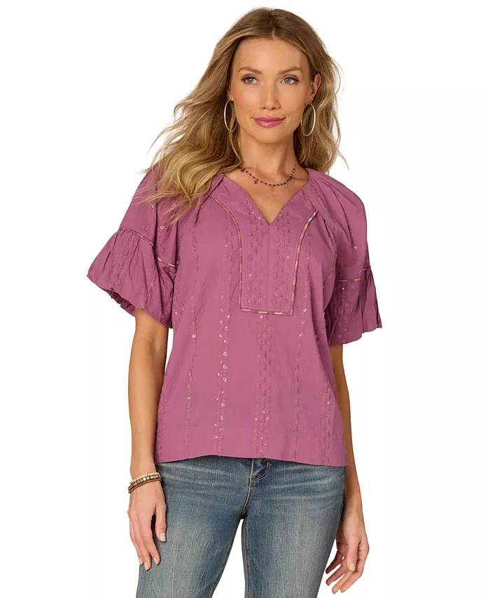 

Миниатюрный хлопковый топ с вышитыми рукавами-фонариками Democracy, фиолетовый