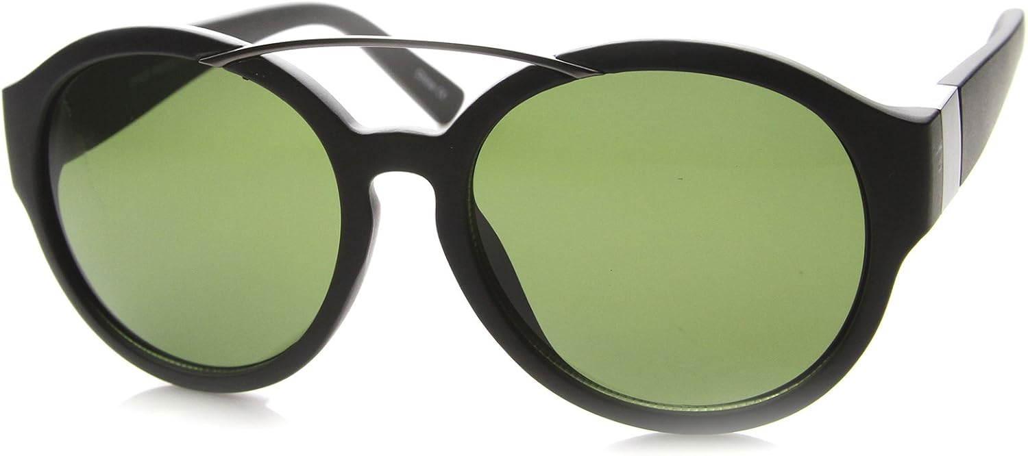 

Солнцезащитные очки zeroUV Retro Slim Crossbar Metal Detail Wide Temple Round 55mm в стиле ретро с металлическими вставками и широкими дужками, Matte Black-gunmetal / Green