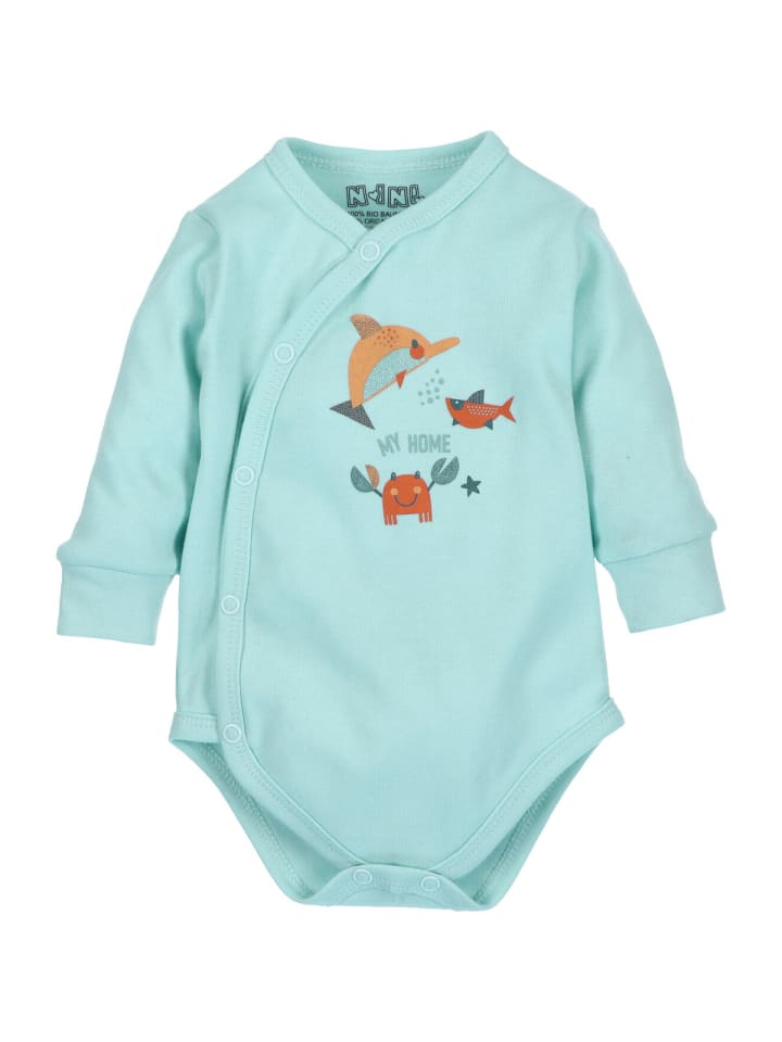 

Nini Боди с длинными рукавами, украшенное изображениями морских обитателей синего цвета