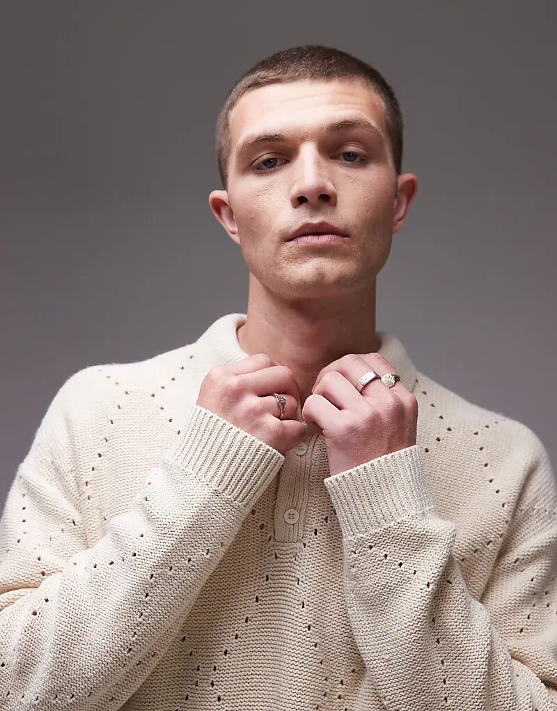 

Поло свободного кроя с ромбовидным узором кремового цвета Topman