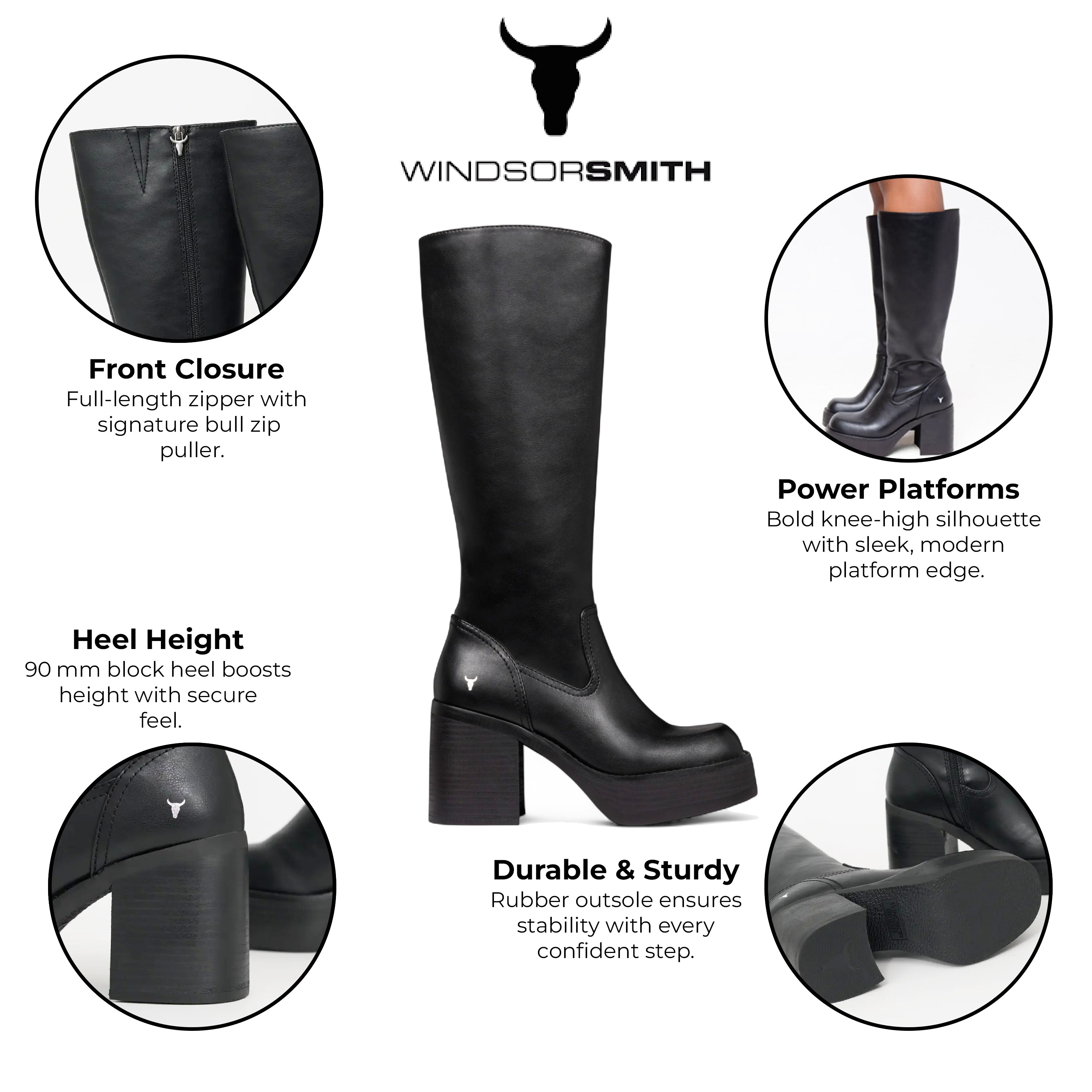 Windsorsmith Женские черные искусственные кожаные высокие сапоги на платформе и каблуке - Niche — фото 2