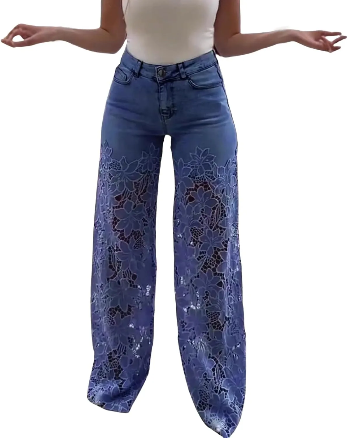 

Женские джинсы с кружевными вставками 2025, high waisted, straight wide leg LCMTWX