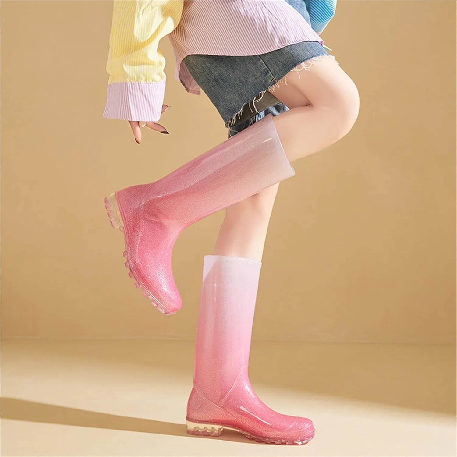 Ботинки Oberbekleidung High-Top-Gummistiefel for Damen, Farbverlauf-Gummistiefel, wasserdicht, rutschfeste Gummischuhe, hübsche Regenstiefel for Erwachsene Für Industrie Handwerk ZIHDKE, Green-Plush — фото 2