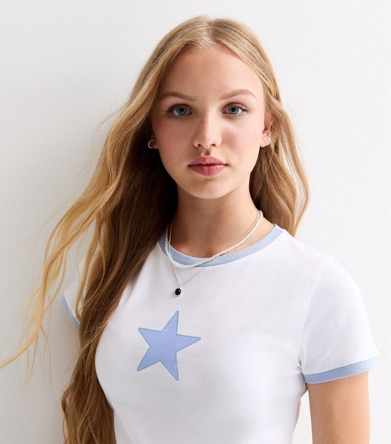 

Синяя хлопковая футболка с принтом звезд для девочек New Look, бледно-голубой
