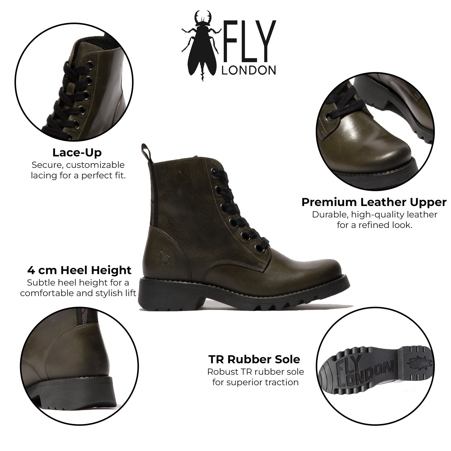 Fly London женские зеленые повседневные ботинки RAGI539 на шнуровке из грубой кожи — фото 2