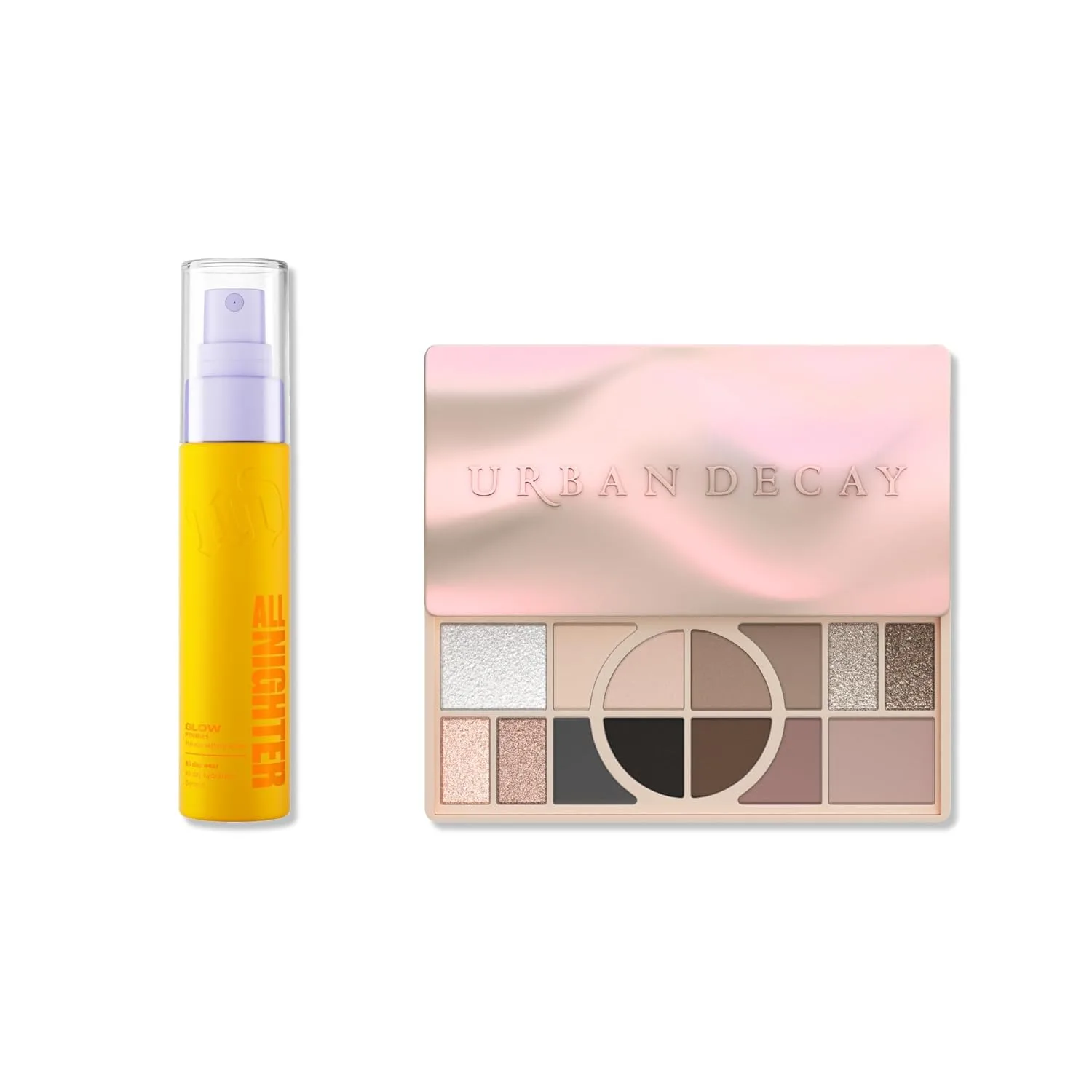 Urban Decay Naked Shaped Cool Palette и Dewy Setting Spray Travel Bundle - универсальные нейтральные оттенки, All Nighter Waterproof Setting Spray Glow (30 мл) для стойкого макияжа глаз и лица