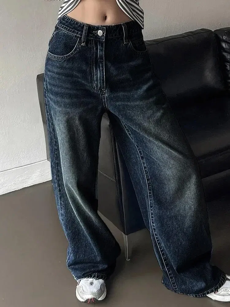 Джинсы, синие с серым, Women’s Vintage High-Waist Stretchy Wide-Leg Jeans Denim Pants Straight Leg Casual Trousers Trendy Everyday Wear — фото 2
