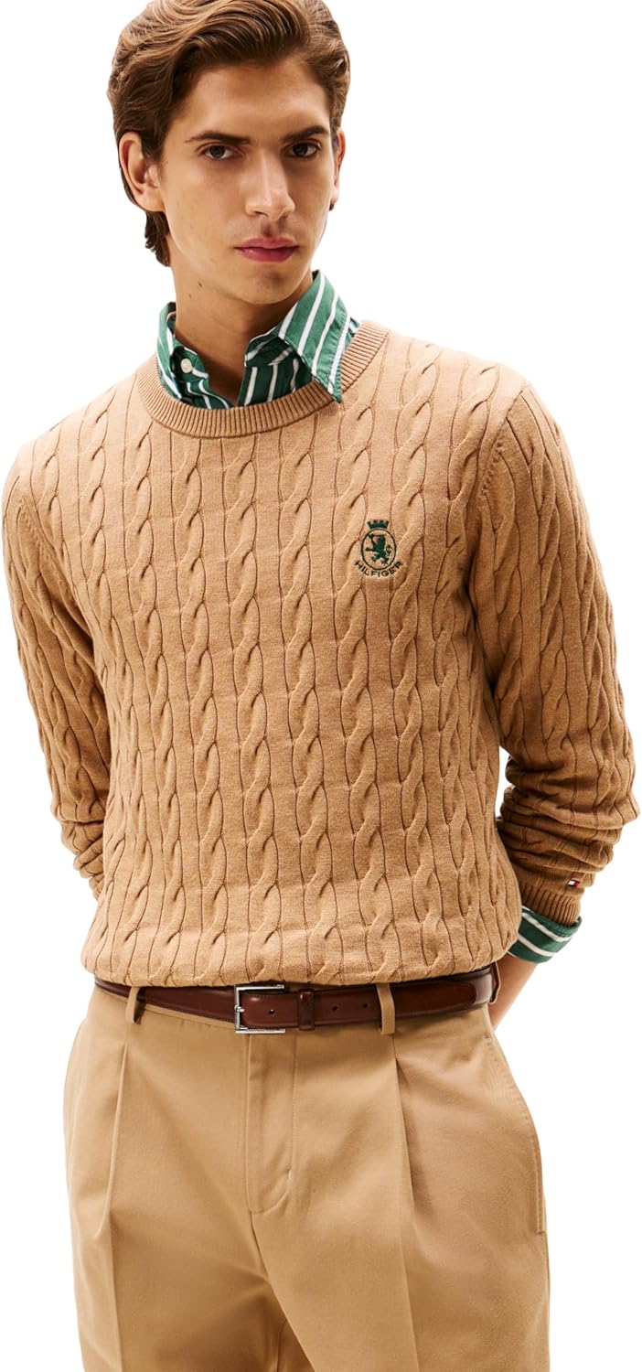 

Мужской свитер Tommy Hilfiger Crest Cable Knit Crewneck, легкий пуловер, Safari Canvas Heather