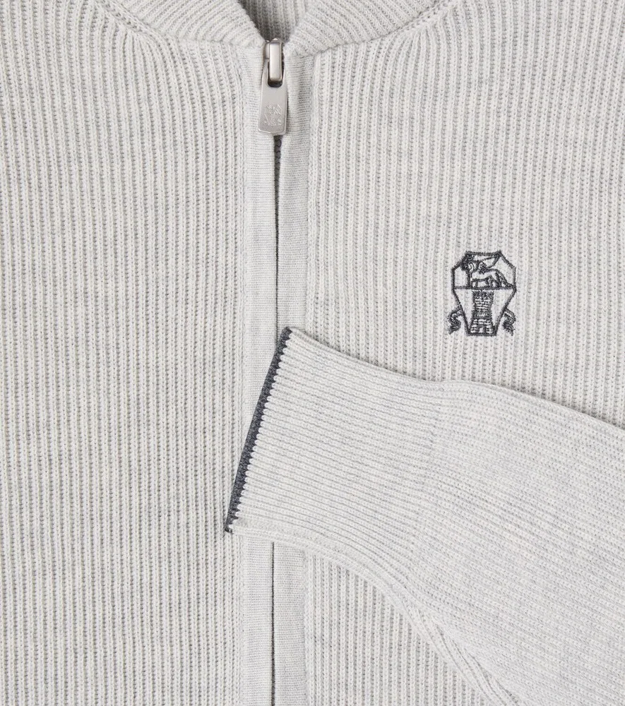 Хлопковый кардиган в рубчик на молнии Brunello Cucinelli Kids, серый — фото 3