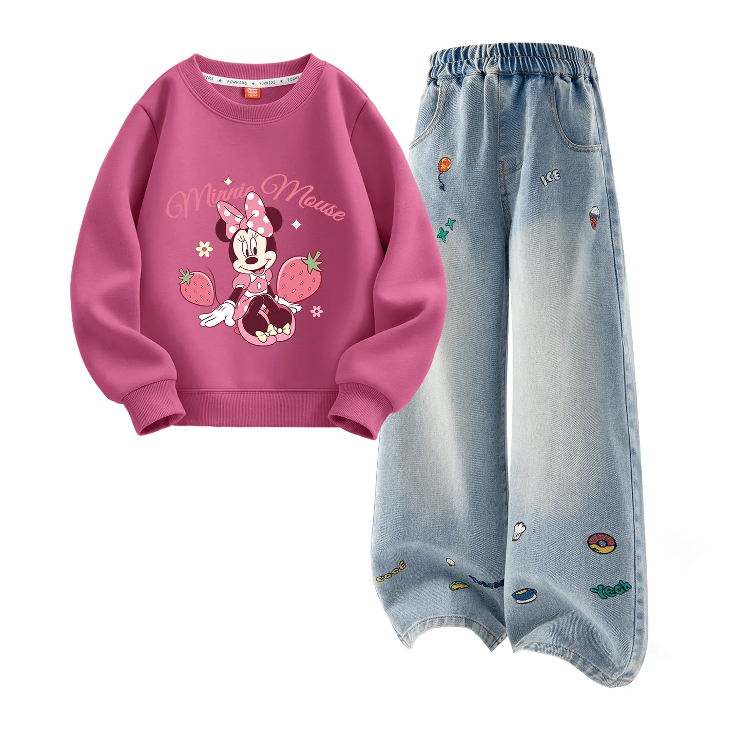 Детская повседневная спортивная футболка с круглым вырезом Disney, Di Butterfly Berry Red+Solid Color Denim Blue — фото 4