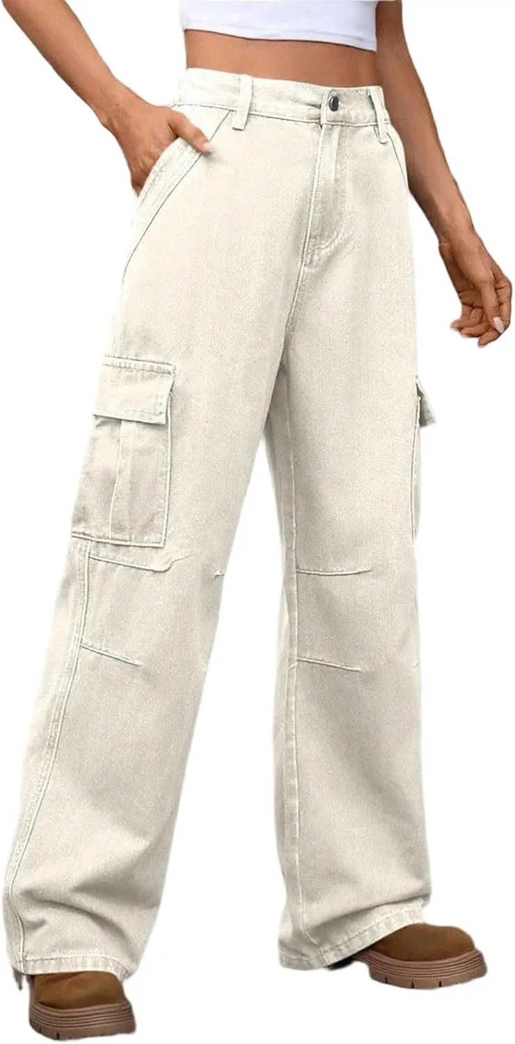 

Женские джинсы Wide Leg с высокой посадкой на пуговицах, свободные и эластичные, в стиле карго с боковыми карманами
