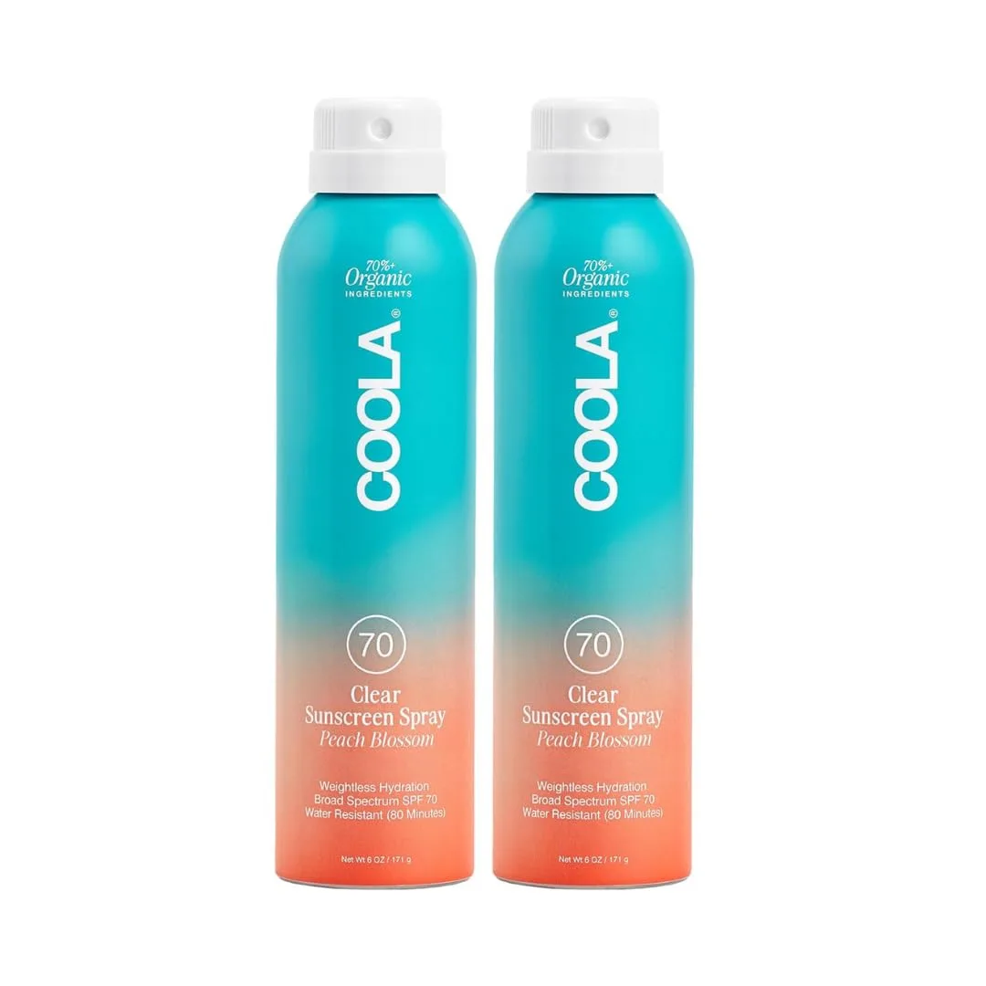 Солнцезащитный спрей COOLA Organic Sunscreen SPF 70, протестирован дерматологами, обеспечивает ежедневную защиту кожи, подходит для веганов и не содержит глютена, аромат персикового цветка. 177 мл (2 шт.)
