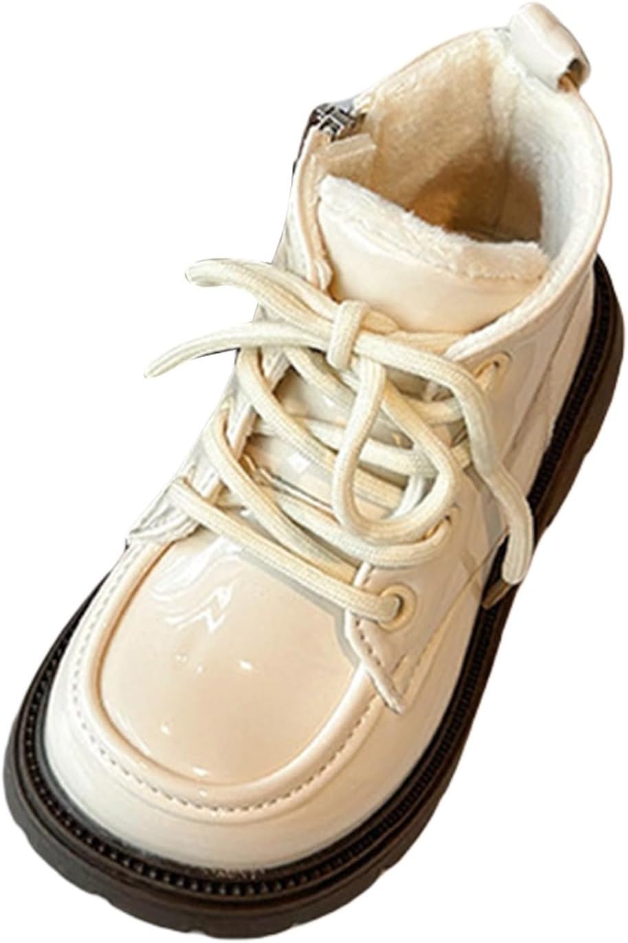 

Детские блестящие укороченные ботинки на меху с платформой, шнуровкой, снегозащитные кожаные ботинки с нескользящей подошвой, теплые короткие ботинки Generic, Beige