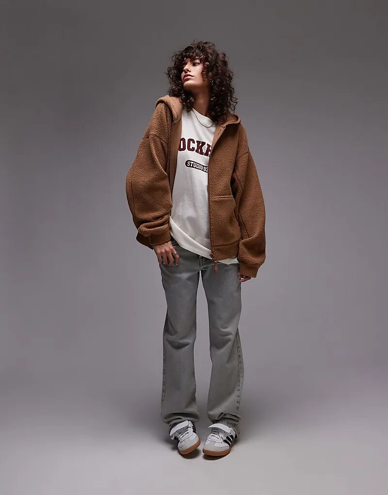 

Флисовая толстовка с капюшоном на молнии цвета ириски Topshop