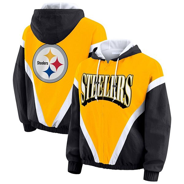 

Женский худи-ветровка plus size retro crinkle full-zip gold/black pittsburgh steelers Wear By Erin Andrews