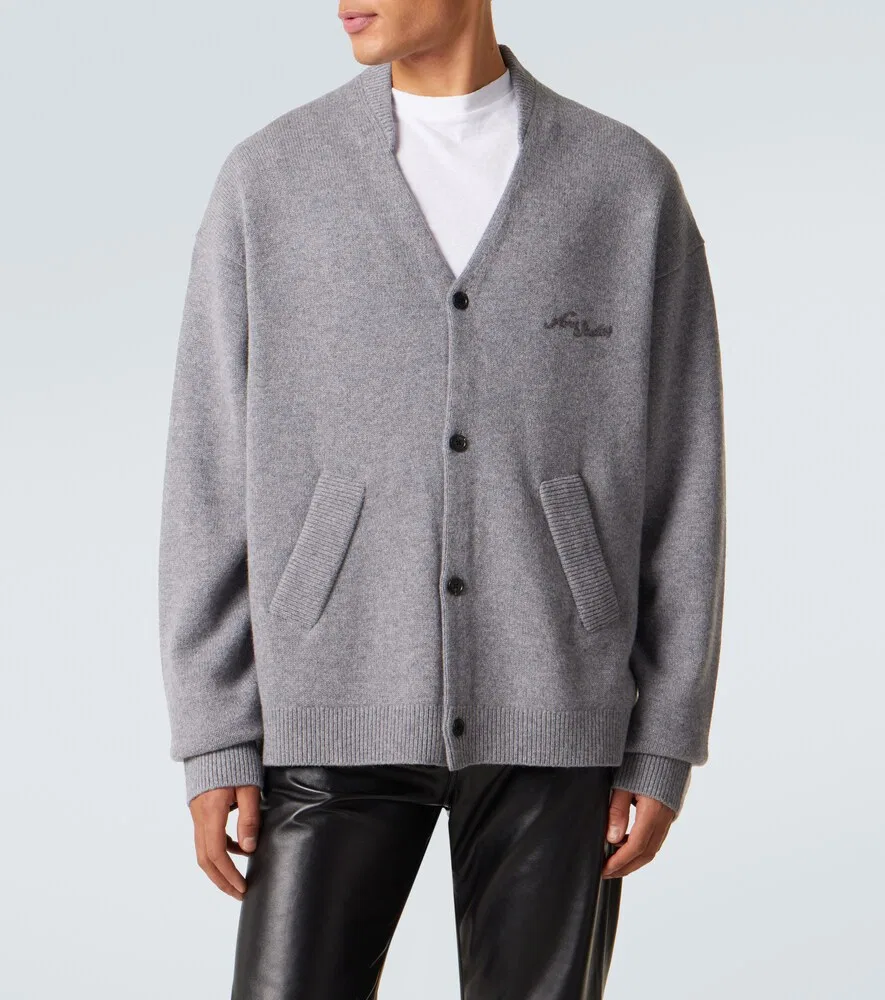 Кардиган с логотипом из шерсти и кожи яка Acne Studios, серый — фото 3