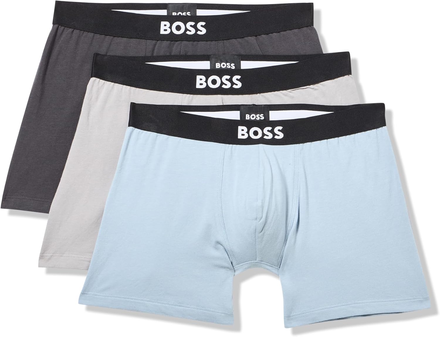 

BOSS мужские гладкие трусы-боксеры с ярким логотипом, комплект из 3 пар, Ballad Blue/Silver/Asphalt Grey