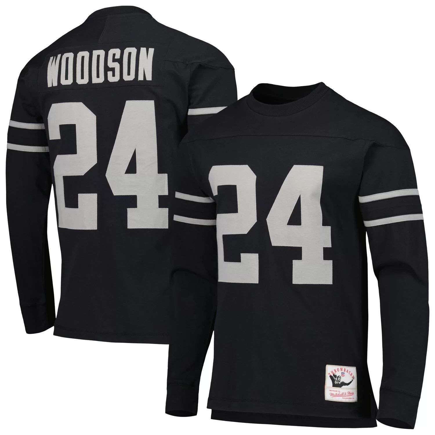 

Мужская футболка Mitchell & Ness Charles Woodson Black Oakland Raiders 2002 с именем и номером игрока, вышедшего на пенсию, с длинным рукавом