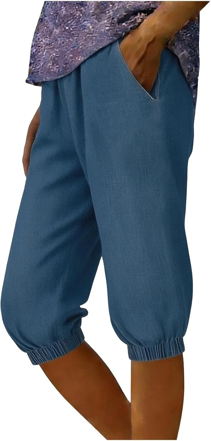 Джинсы капри, джинсовая печать, Light Blue#01