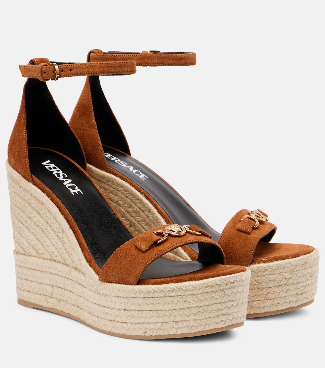 Эспадрильи на клиновидной подошве Medusa '95 из замши, цвет Spice Brown-Gold Versace, Spice Brown-Versace Gold