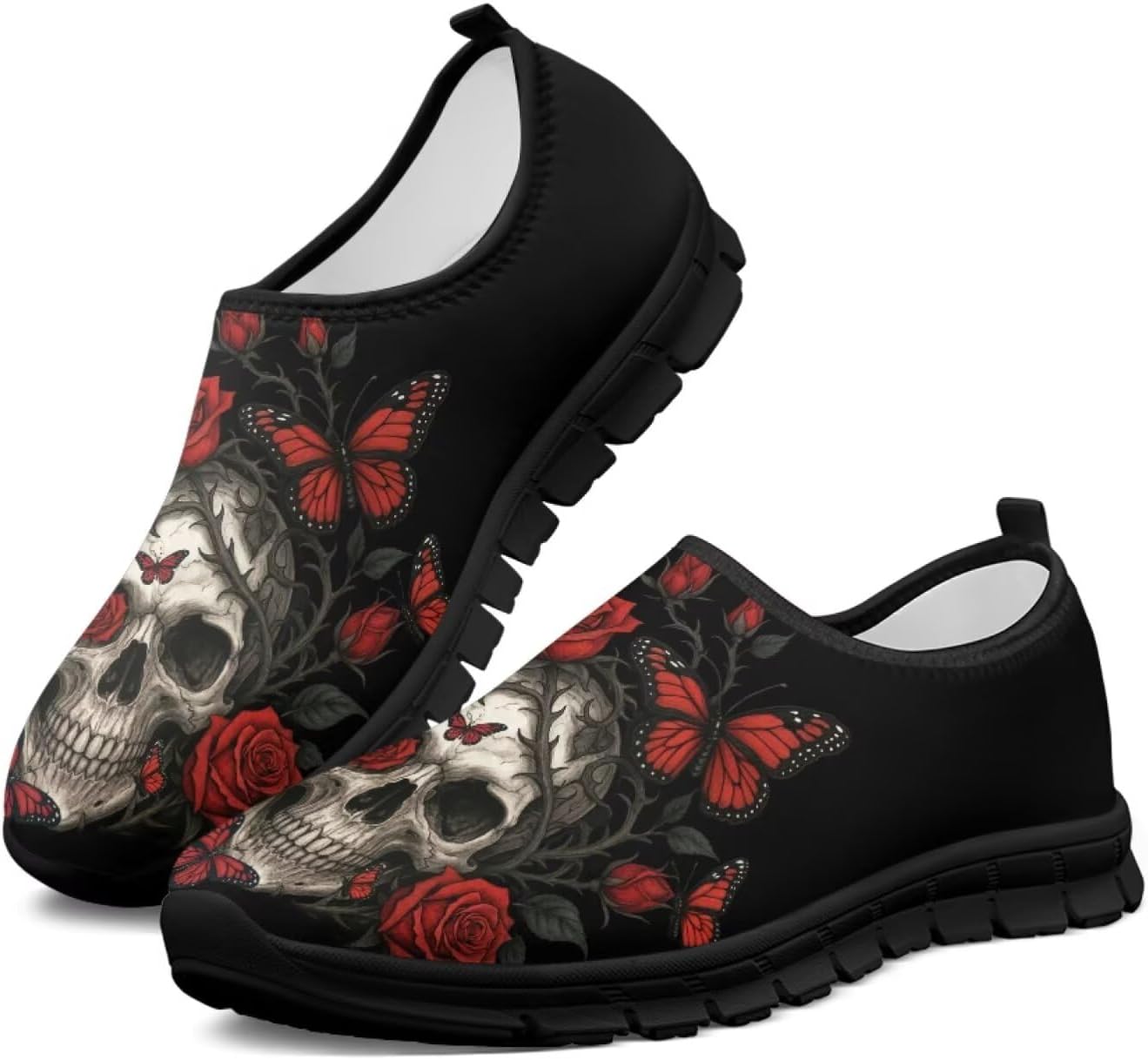 

Мужские слипоны Howilath с рисунком черепа, повседневная обувь для дома, кроссовки для бега, обувь без шнурков с противоскользящей подошвой, Gothic Butterfly Rose Skull