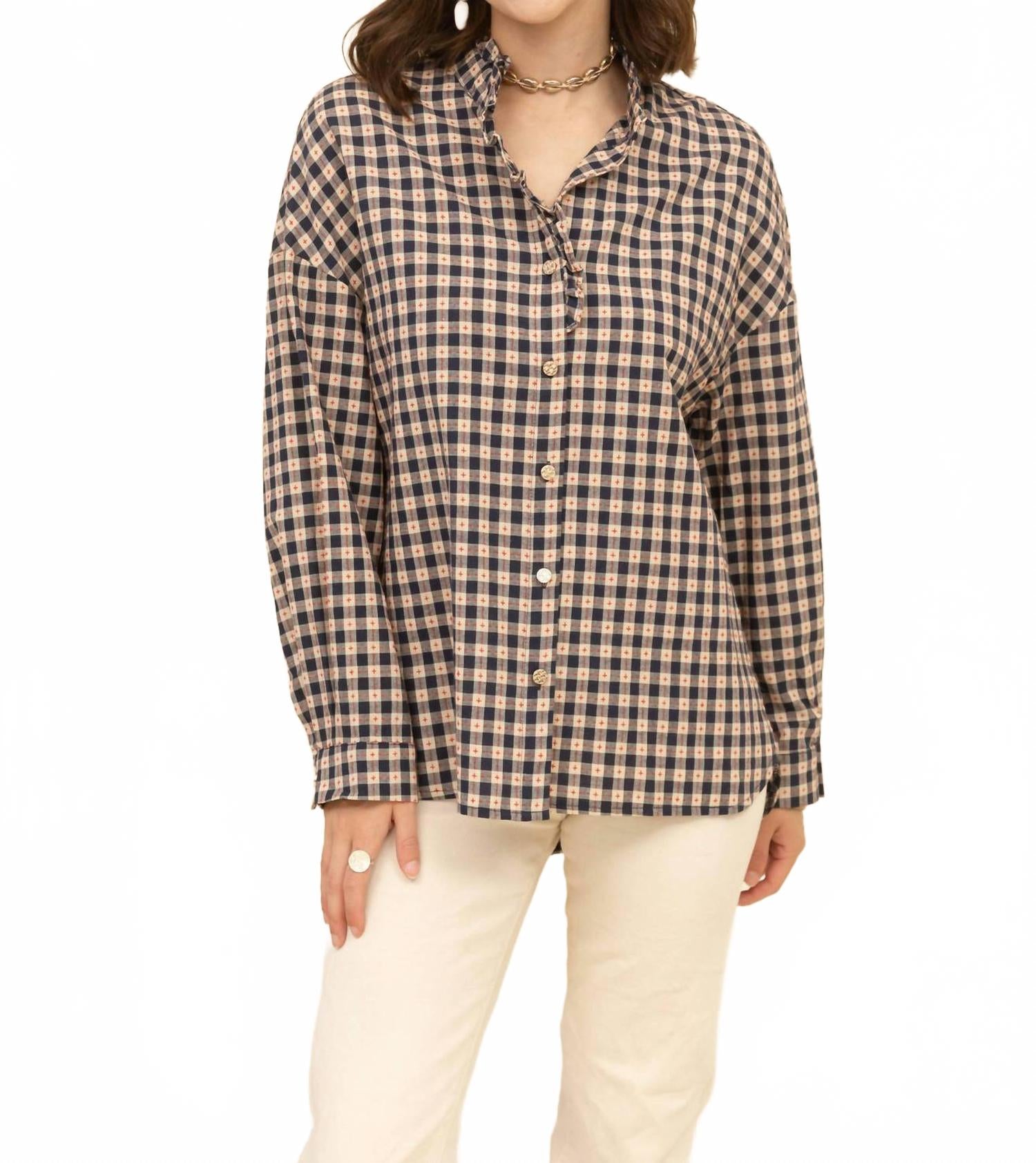 

Рубашка с жаккардовым узором в клетку и оборками коричневого цвета Inspiration Studio, коричневый