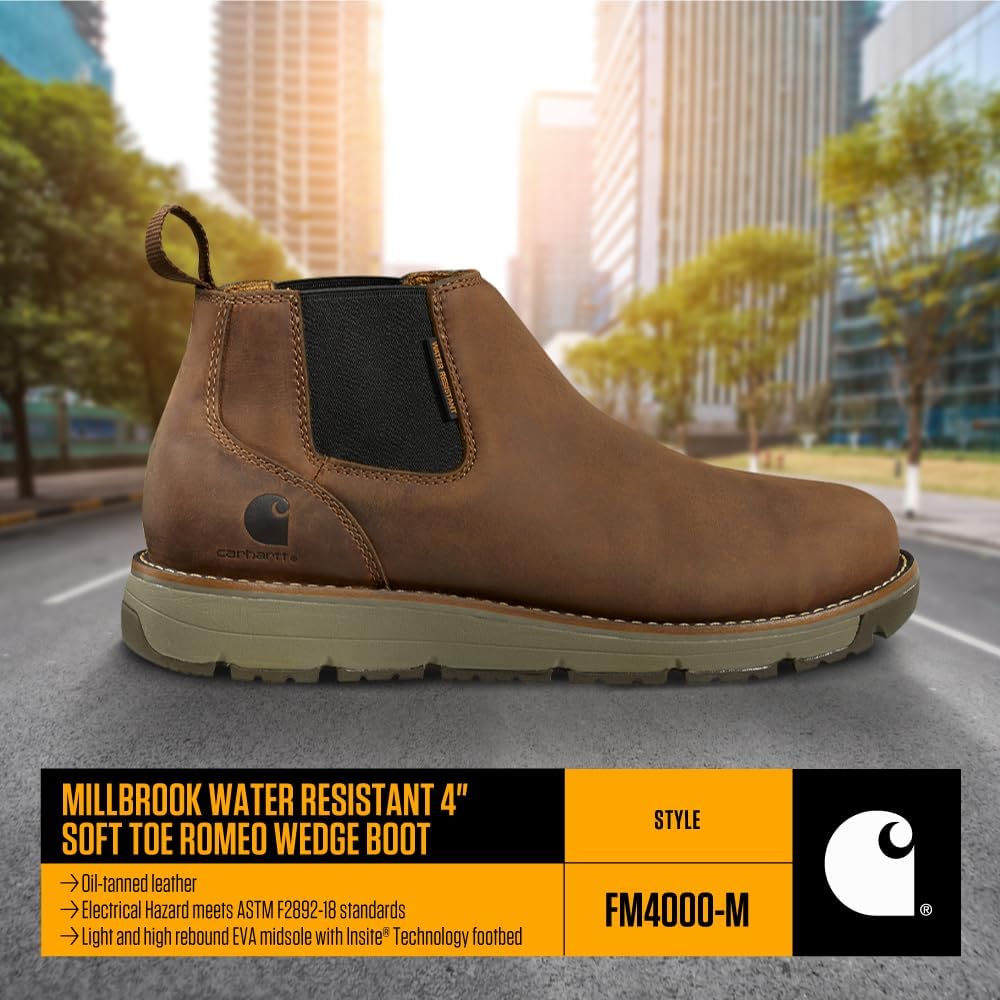 Carhartt Millbrook Romeo Steel Toe Wedge Work Boot - рабочие ботинки для активных мужчин, с высотой голенища 4", из коричневой масляной кожи, устойчивые к скольжению и поражению электрическим током, с технологиями FastDry и Rain Defender, Brown... — фото 4