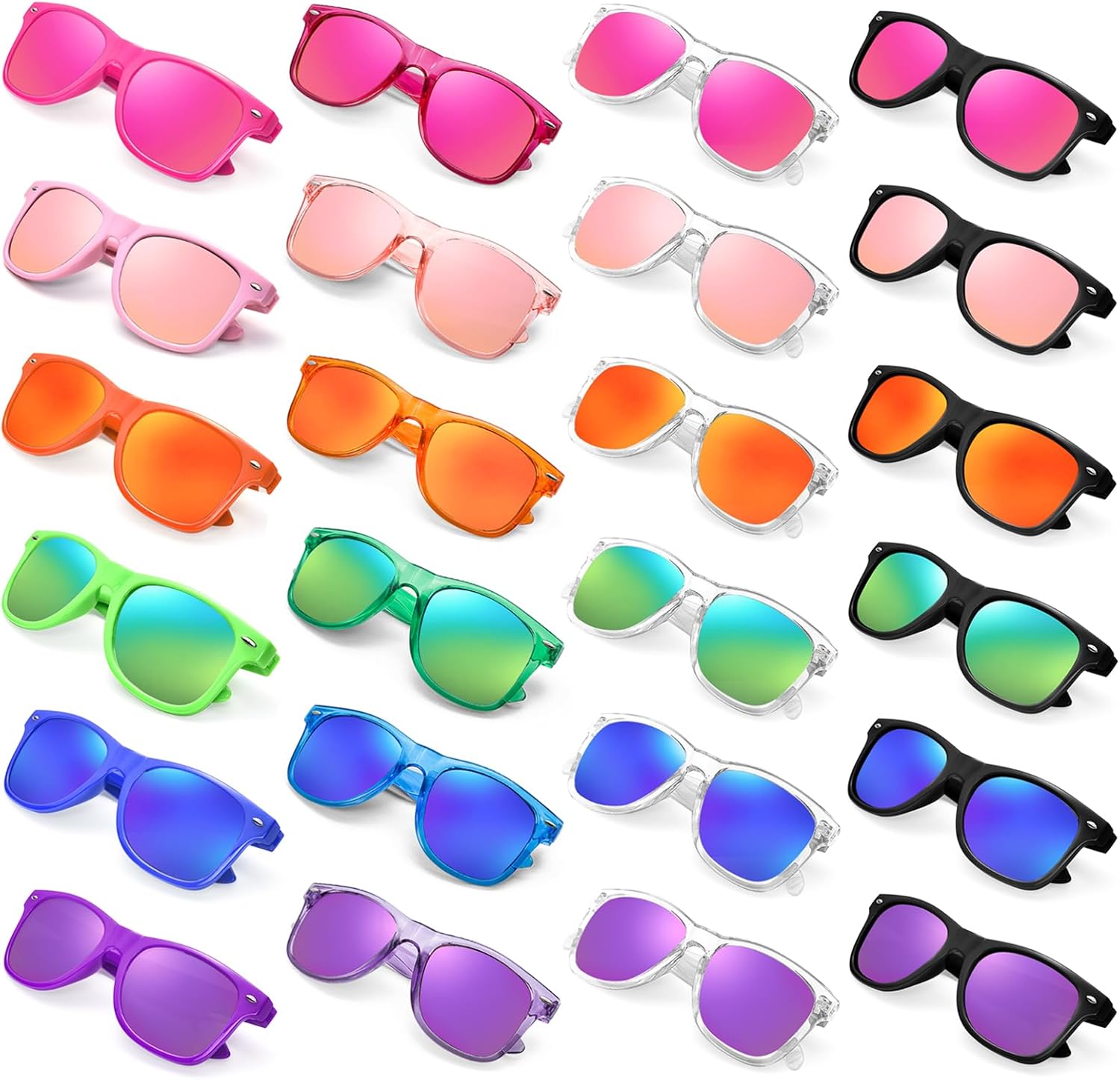 

SUNOVELTIES Набор из 12/24 неоновых солнцезащитных очков для вечеринок с зеркальными/желейными линзами, в оправе из рога, для мужчин и женщин, 24- Mirrored Lens/4 Type Frame