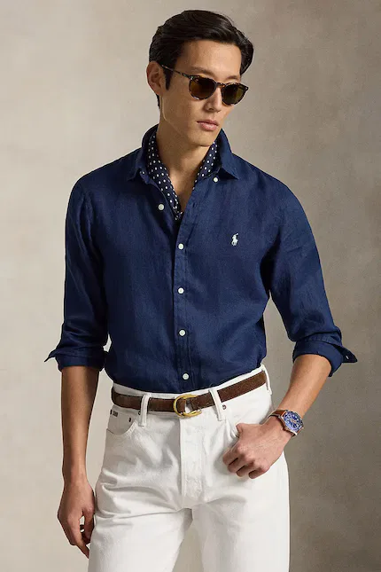 Рубашка льняная slim fit Polo Ralph Lauren, синий