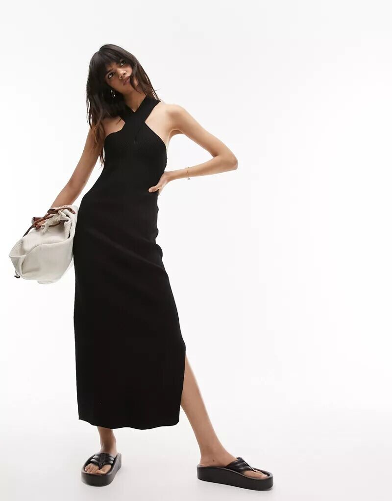 

Черное трикотажное платье миди с перекрестным передом Topshop
