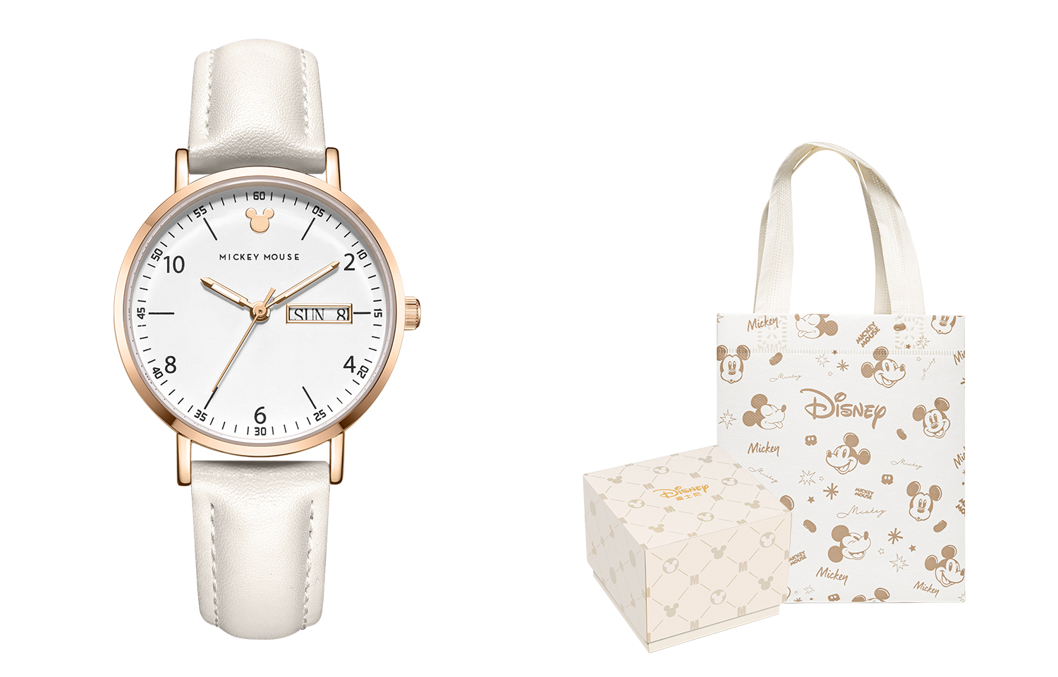 

Disney Часы Mickey Quartz Movement Leather Strap Watch Women's Watch White Dial, MK-11319W[Simple White Mickey Box]