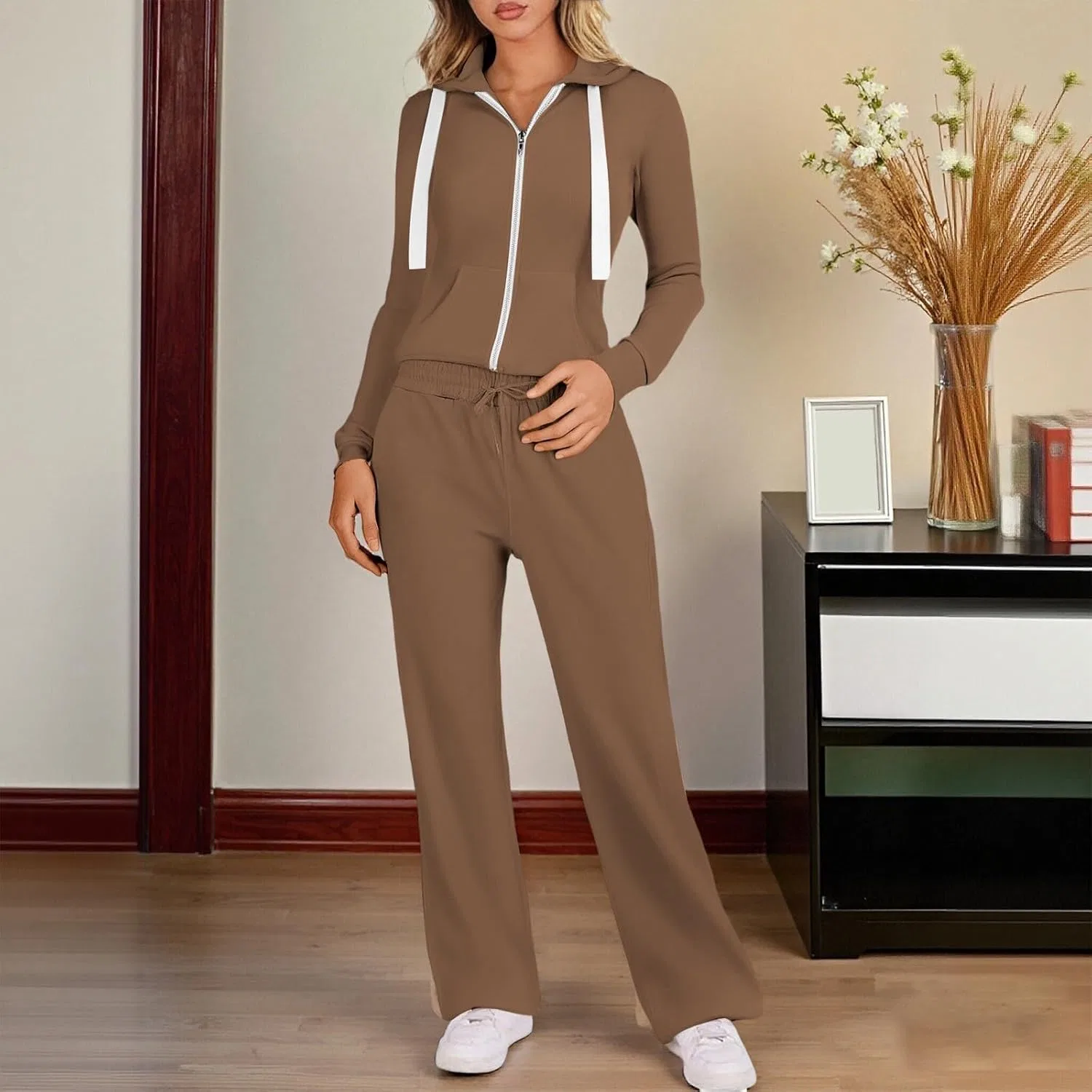 Спортивный костюм с молнией, толстовка и широкие штаны, Generic, #P-brown — фото 3