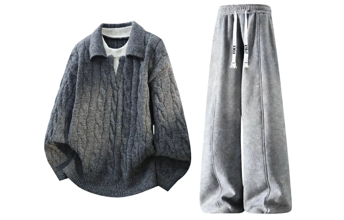 

Повседневная спортивная одежда Unisex с лацканом Lapel Moderate X1617, темно-серый sweater+серый pants