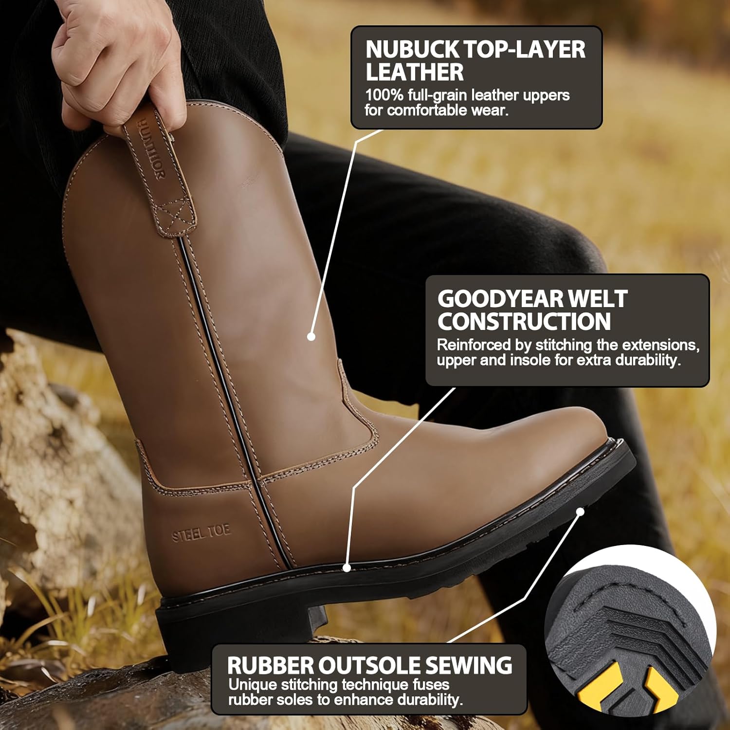 Мужские ботинки hunthor steel toe с защитой от проколов, светло-коричневый — фото 4