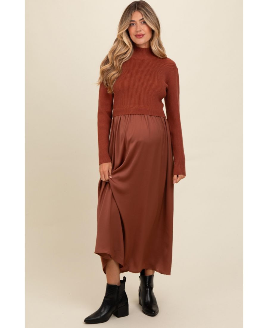 

Платье-миди из атласа с контрастным трикотажным верхом оливкового цвета для беременных Pinkblush, Brown