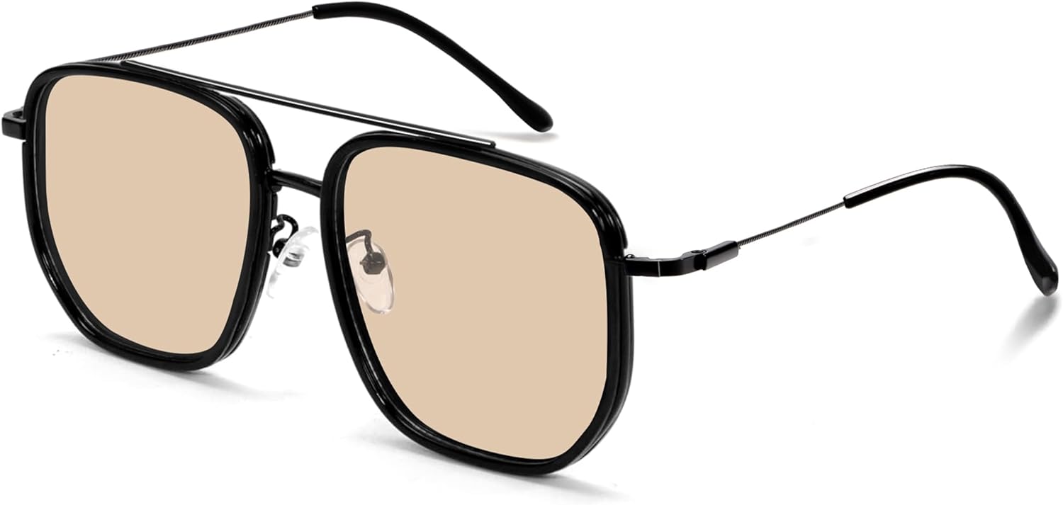 

Ретро-солнцезащитные очки-авиаторы квадратной формы для женщин и мужчин, модные солнцезащитные очки с увеличенной металлической двойной перемычкой TYA, Black Frame - Champagne Lens