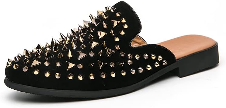 

Мужские кожаные туфли с бархатной отделкой, шипами и заклепками, лоферы без задника, модные мюли, сабо, противоскользящие сандалии, шлепанцы для мужчин и женщин, дизайнерские роскошные туфли для торжеств, свадеб, вечеринок и выпускных Senlongbao...